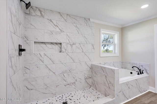 bathroom with independent shower and bath, ornamental molding, and hardwood / wood-style flooring