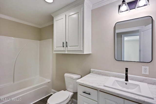 full bathroom with shower / bath combination, a textured ceiling, vanity, crown molding, and toilet