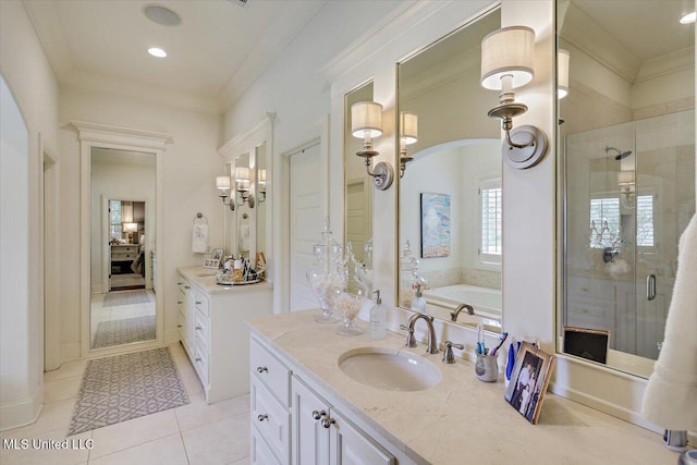 215 Grayhawk Dr, Madison, MS 39110 - bathroom featuring a stall shower, a bath, vanity, tile patterned floors, and ornamental molding