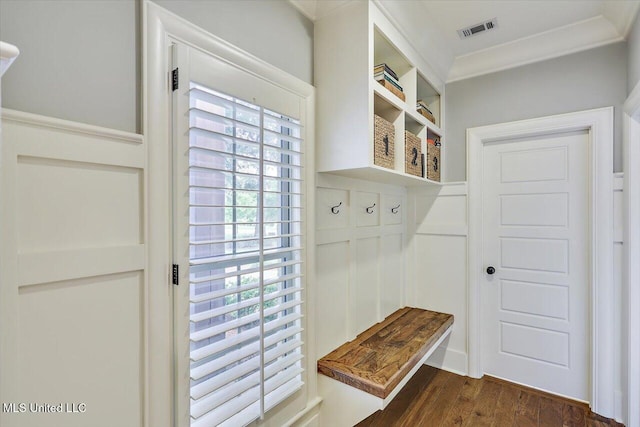 215 Grayhawk Dr, Madison, MS 39110 - mudroom featuring plenty of natural light, crown molding, and dark wood finished floors