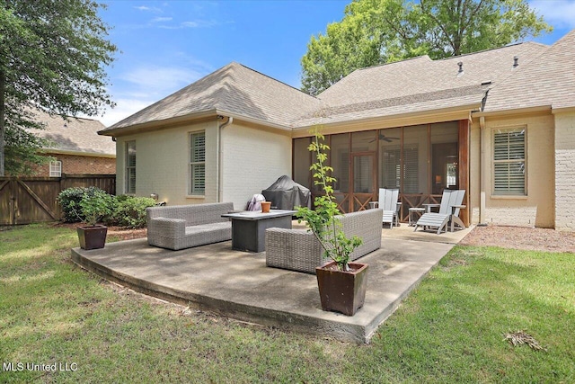 215 Grayhawk Dr, Madison, MS 39110 - back of house with a patio, a ceiling fan, a shingled roof, outdoor lounge area, and brick siding