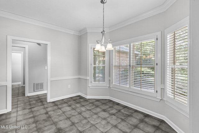 unfurnished dining area featuring ornamental molding and a chandelier