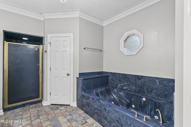 bathroom featuring ornamental molding and plus walk in shower