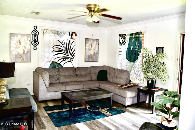 2 Oakwood Ln, Natchez, MS 39120 - living area featuring wood finished floors, a ceiling fan, crown molding, and a textured ceiling