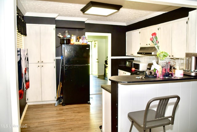 2 Oakwood Ln, Natchez, MS 39120 - kitchen featuring freestanding refrigerator, under cabinet range hood, light wood-style floors, dark countertops, and a peninsula
