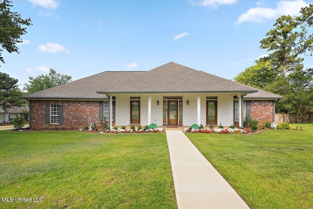 103 Sutton Ln, Madison, MS 39110 - view of front of home featuring covered porch, a front yard, brick siding, and a shingled roof