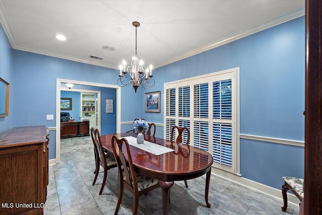 dining area with an inviting chandelier, ornamental molding, visible vents, and baseboards