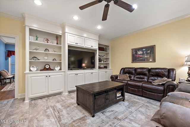 living room with a ceiling fan, built in features, crown molding, and recessed lighting
