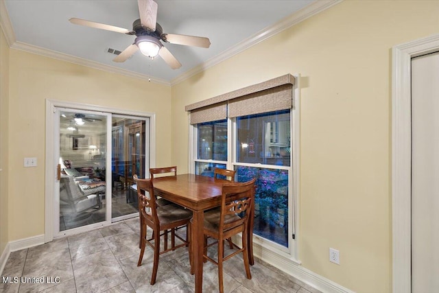 dining room featuring ceiling fan, baseboards, crown molding, and visible vents