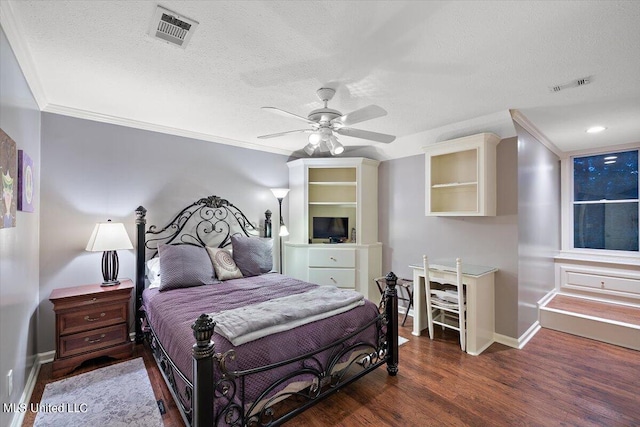 bedroom with dark hardwood / wood-style flooring, crown molding, a textured ceiling, and ceiling fan