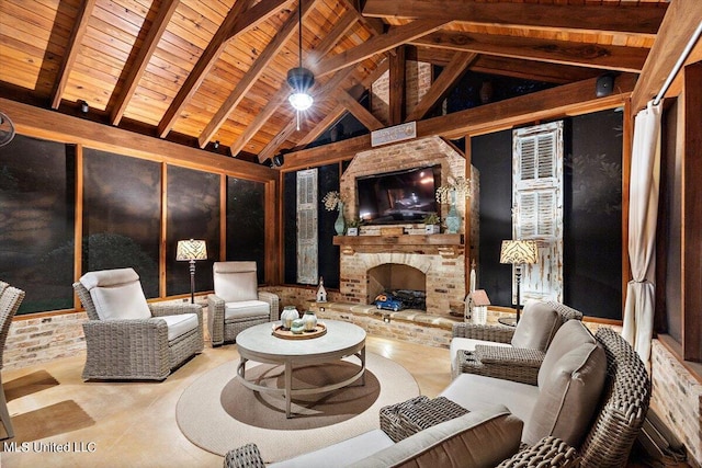 living room with a brick fireplace, wooden ceiling, and lofted ceiling with beams
