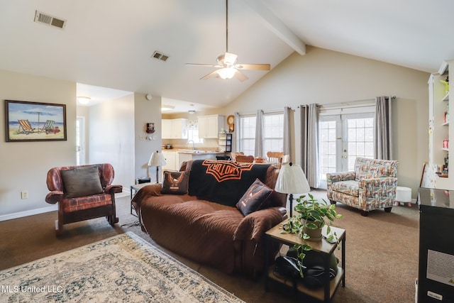 176 Briarfield Ave, Biloxi, MS 39531 - living room with ceiling fan, beam ceiling, carpet floors, baseboards, and high vaulted ceiling