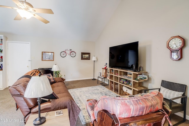 176 Briarfield Ave, Biloxi, MS 39531 - carpeted living area with a ceiling fan, lofted ceiling, and baseboards