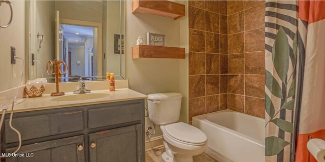 full bathroom with shower / tub combo, vanity, and toilet