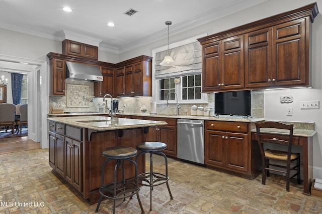 kitchen featuring a breakfast bar area, dishwasher, a kitchen island with sink, dark brown cabinetry, and wall chimney exhaust hood