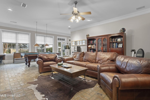 living room with ornamental molding, pool table, and ceiling fan