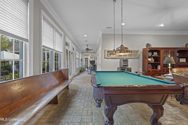 recreation room featuring billiards, ornamental molding, and ceiling fan