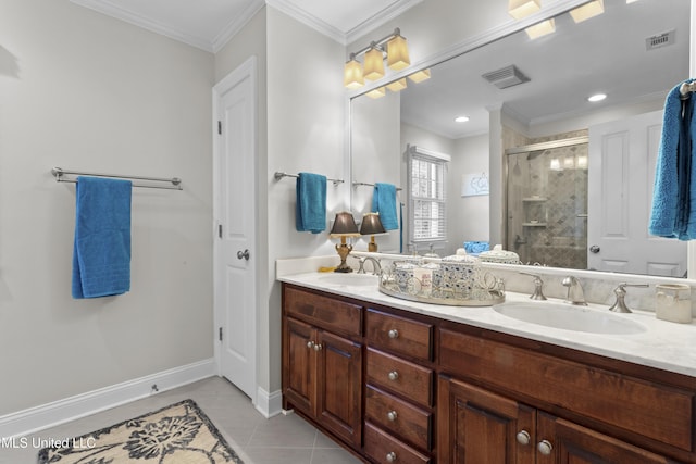 bathroom featuring ornamental molding, vanity, an enclosed shower, and tile patterned flooring