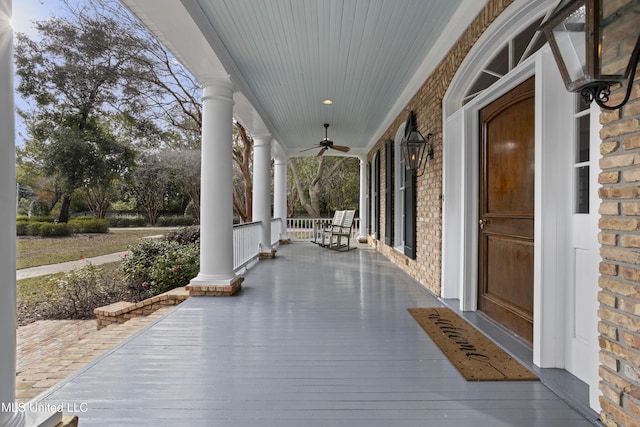 view of patio / terrace featuring covered porch and ceiling fan