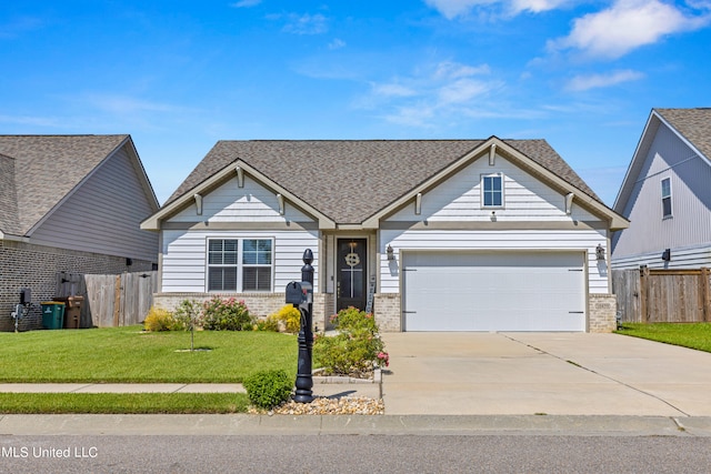 craftsman inspired home featuring a garage and a front lawn