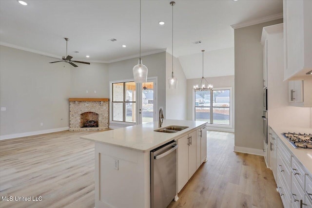 kitchen featuring a sink, baseboards, stainless steel appliances, and light wood finished floors