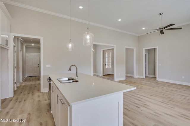 kitchen with a sink, ornamental molding, light wood-style floors, and ceiling fan