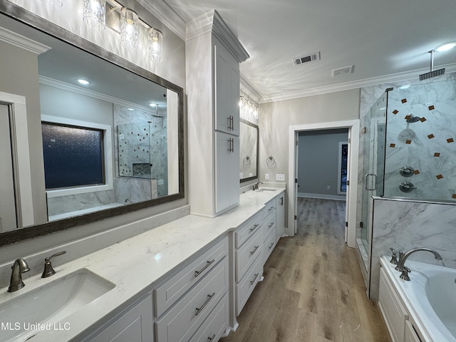 bathroom featuring a stall shower, a sink, visible vents, and crown molding