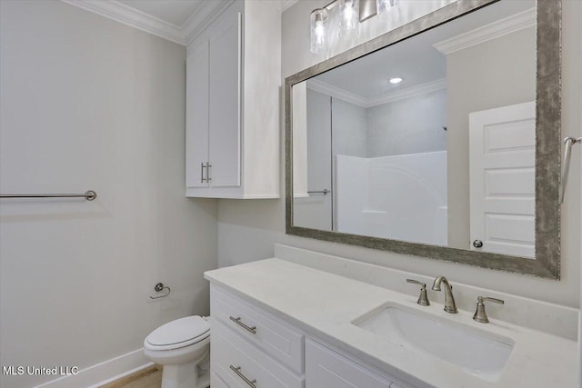 full bathroom with toilet, vanity, baseboards, a shower, and ornamental molding