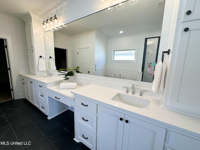 bathroom with vanity, ornamental molding, and separate shower and tub