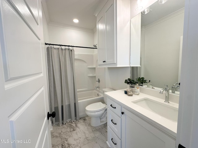 full bathroom featuring vanity, ornamental molding, shower / tub combo, and toilet