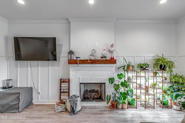 living room featuring ornamental molding, a fireplace, and wood-type flooring