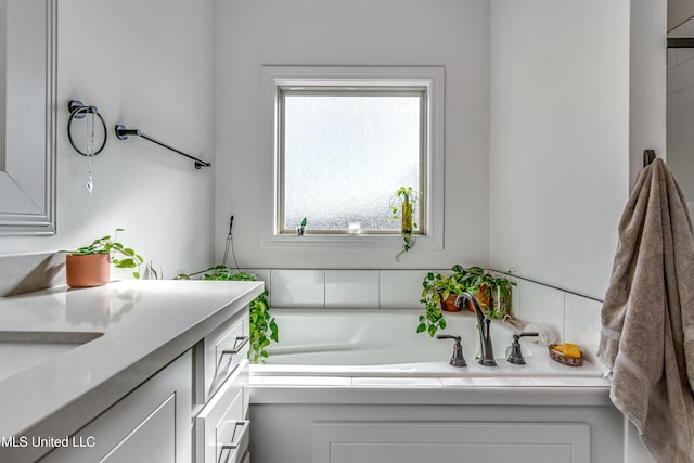 bathroom with vanity and a washtub