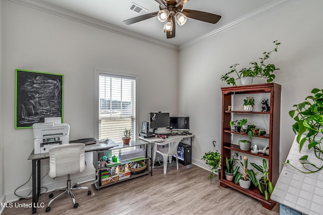 office featuring crown molding, ceiling fan, and light hardwood / wood-style flooring