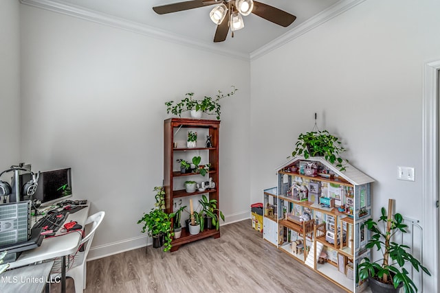 office with ornamental molding, light hardwood / wood-style floors, and ceiling fan