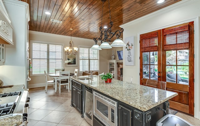 521 Heyward Ln, Madison, MS 39110 - kitchen with appliances with stainless steel finishes, ornamental molding, light tile patterned flooring, wood ceiling, and a chandelier