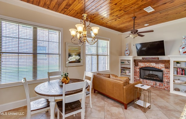 521 Heyward Ln, Madison, MS 39110 - living area with wood ceiling, light tile patterned floors, a ceiling fan, a brick fireplace, and crown molding