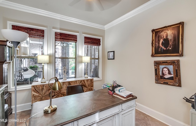 521 Heyward Ln, Madison, MS 39110 - office space featuring ceiling fan, crown molding, baseboards, and light tile patterned floors