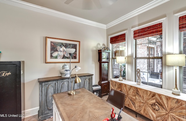 521 Heyward Ln, Madison, MS 39110 - dining space featuring ornamental molding, baseboards, ceiling fan, and bar