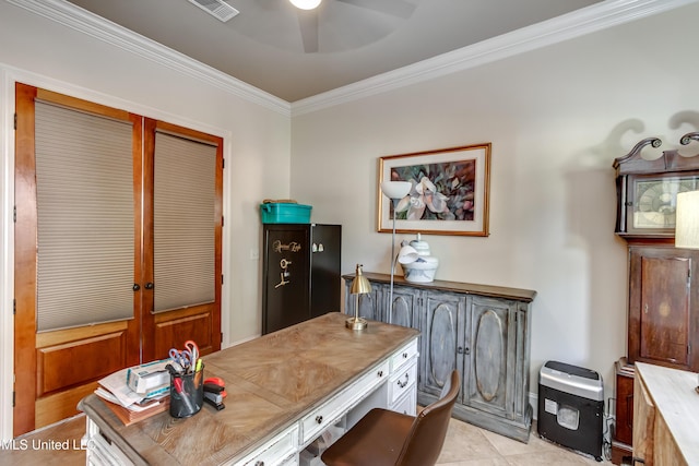 521 Heyward Ln, Madison, MS 39110 - home office featuring ceiling fan, crown molding, and light tile patterned floors