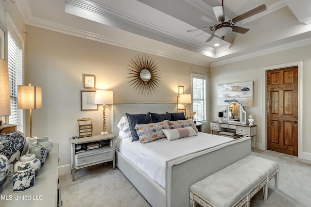521 Heyward Ln, Madison, MS 39110 - bedroom featuring light carpet, a raised ceiling, ornamental molding, baseboards, and a ceiling fan