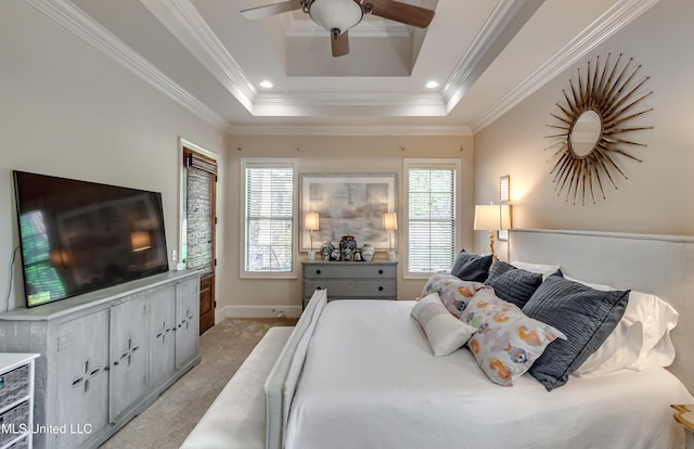 521 Heyward Ln, Madison, MS 39110 - bedroom with ornamental molding, a tray ceiling, and a ceiling fan