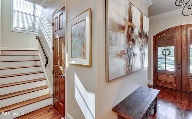 521 Heyward Ln, Madison, MS 39110 - foyer featuring plenty of natural light, stairs, wood finished floors, and ornamental molding