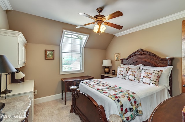 521 Heyward Ln, Madison, MS 39110 - bedroom featuring light colored carpet, baseboards, vaulted ceiling, a ceiling fan, and crown molding