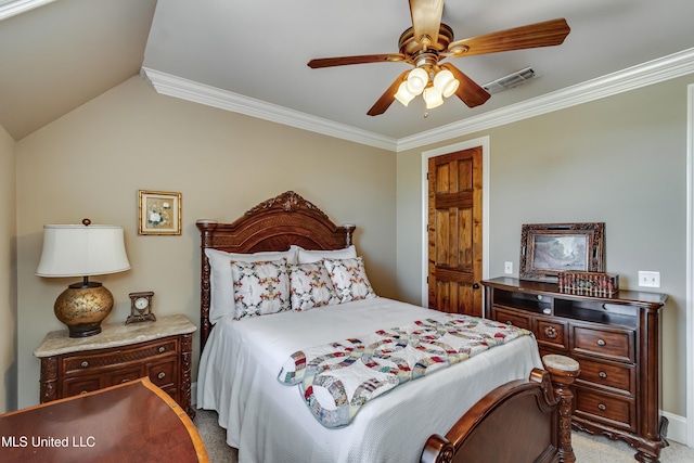 521 Heyward Ln, Madison, MS 39110 - bedroom with crown molding, a ceiling fan, carpet flooring, and vaulted ceiling