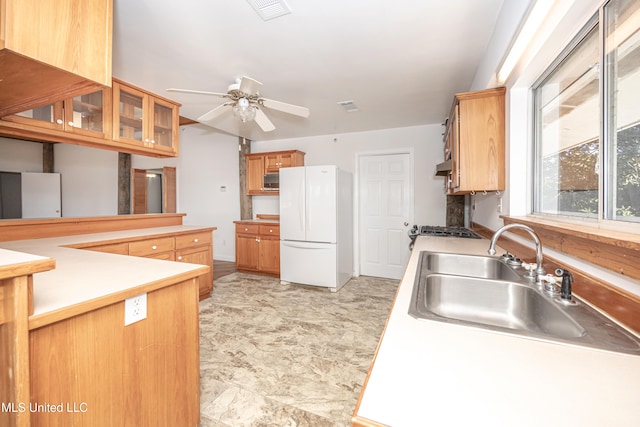 kitchen featuring stainless steel gas cooktop, ceiling fan, sink, white fridge, and range hood