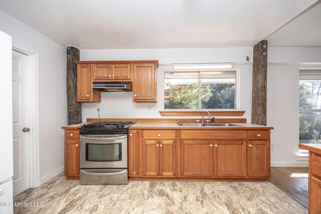 kitchen with sink, light hardwood / wood-style flooring, and stainless steel range with gas stovetop