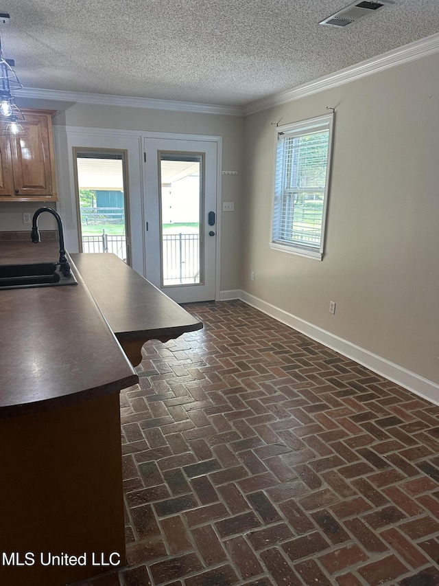 19728 Hwy 63, Moss Point, MS 39562 - kitchen featuring a sink, crown molding, brick floors, a textured ceiling, and dark countertops