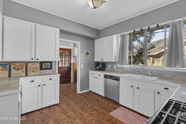 kitchen featuring stainless steel dishwasher, white cabinetry, and sink