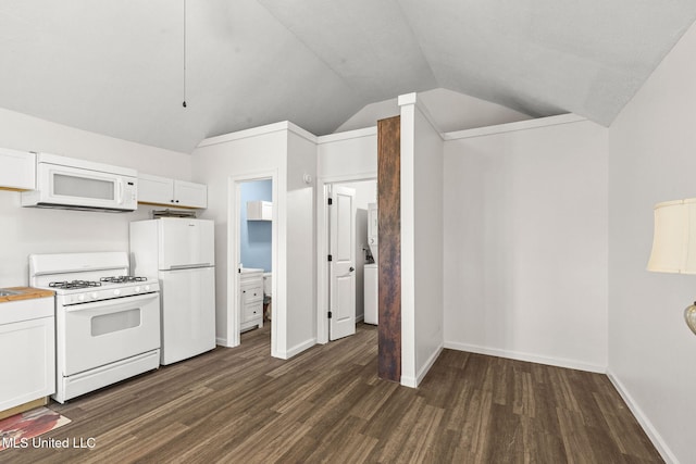 kitchen with white cabinets, dark hardwood / wood-style flooring, white appliances, and vaulted ceiling