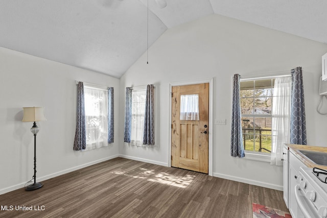 entryway with dark hardwood / wood-style floors, lofted ceiling, and a textured ceiling